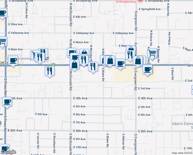 map of restaurants, bars, coffee shops, grocery stores, and more near 13414 East Sprague Avenue in Spokane Valley