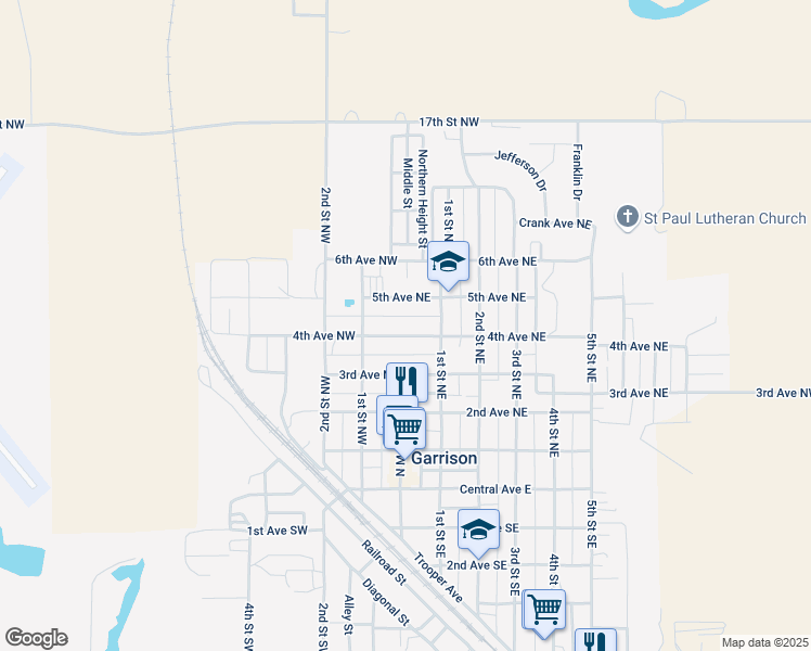 map of restaurants, bars, coffee shops, grocery stores, and more near 2-98 5th Avenue Northwest in Garrison