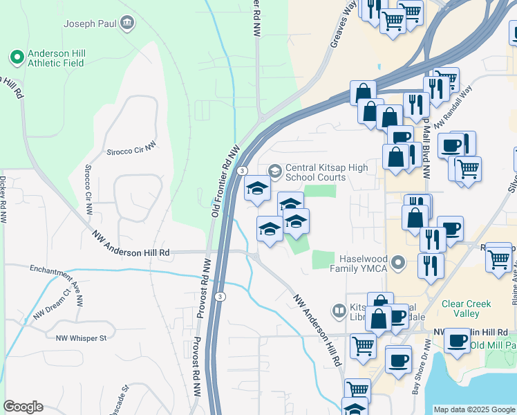 map of restaurants, bars, coffee shops, grocery stores, and more near 10150 Frontier Place Northwest in Silverdale