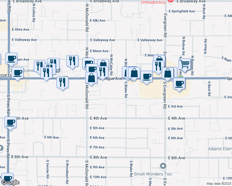 map of restaurants, bars, coffee shops, grocery stores, and more near 13414 East Sprague Avenue in Spokane Valley