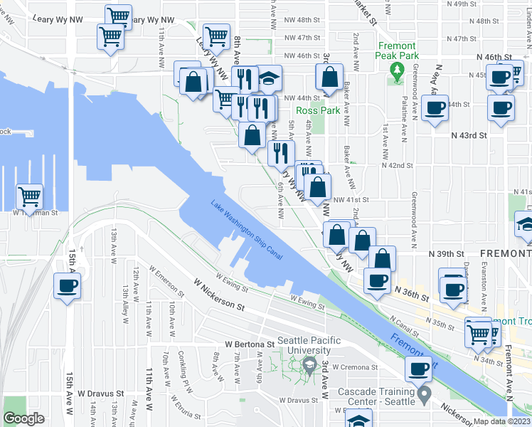 map of restaurants, bars, coffee shops, grocery stores, and more near 617 Northwest 40th Street in Seattle