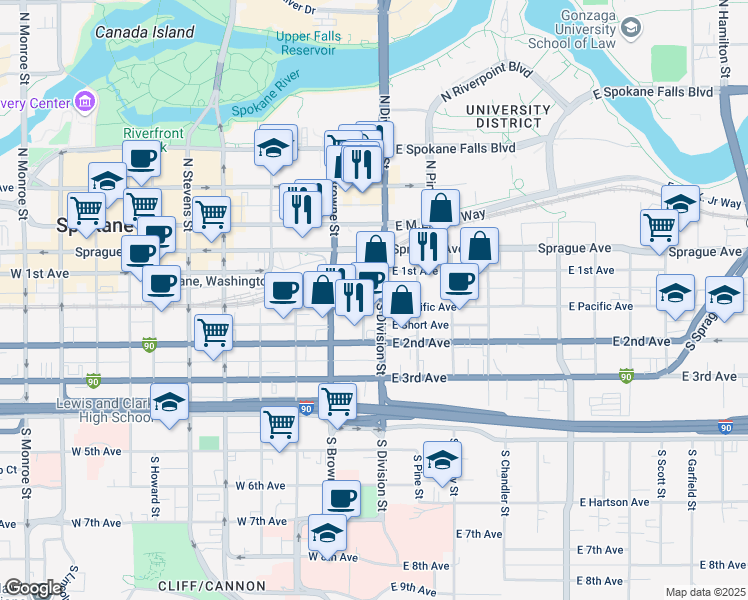 map of restaurants, bars, coffee shops, grocery stores, and more near 107 South Division Street in Spokane