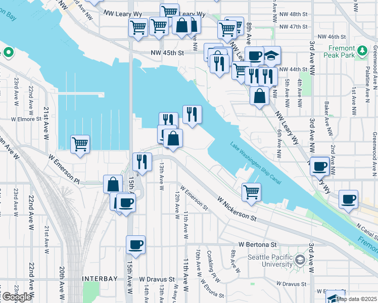 map of restaurants, bars, coffee shops, grocery stores, and more near 1116 West Ewing Street in Seattle