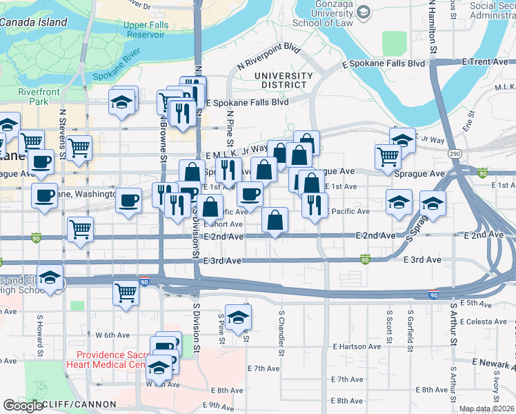 map of restaurants, bars, coffee shops, grocery stores, and more near in Spokane