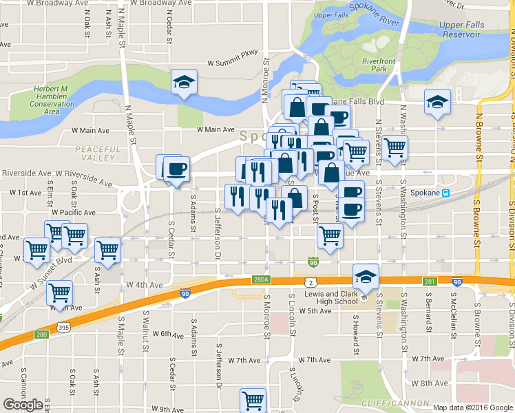 map of restaurants, bars, coffee shops, grocery stores, and more near 1033 West 1st Avenue in Spokane
