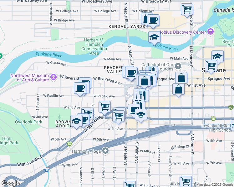 map of restaurants, bars, coffee shops, grocery stores, and more near 1623 West 1st Avenue in Spokane