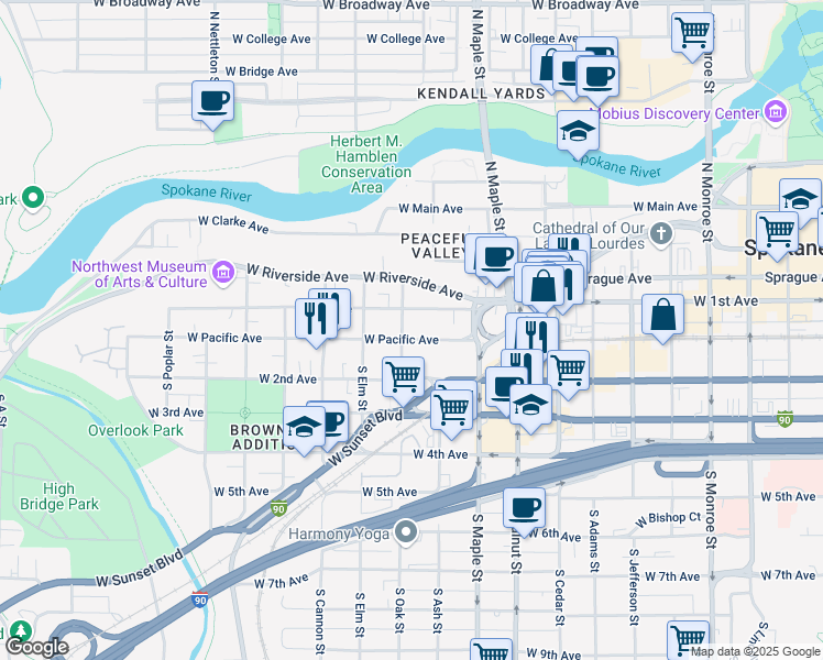 map of restaurants, bars, coffee shops, grocery stores, and more near in Spokane