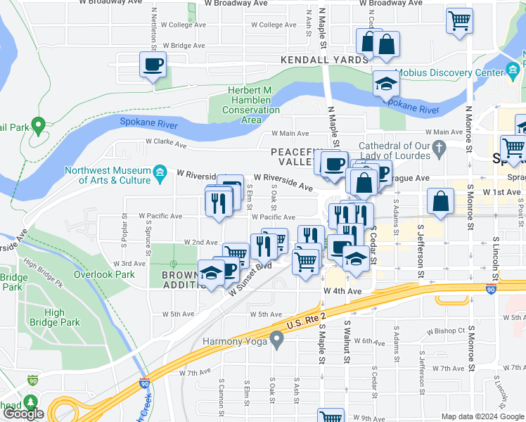 map of restaurants, bars, coffee shops, grocery stores, and more near 1818 West 1st Avenue in Spokane