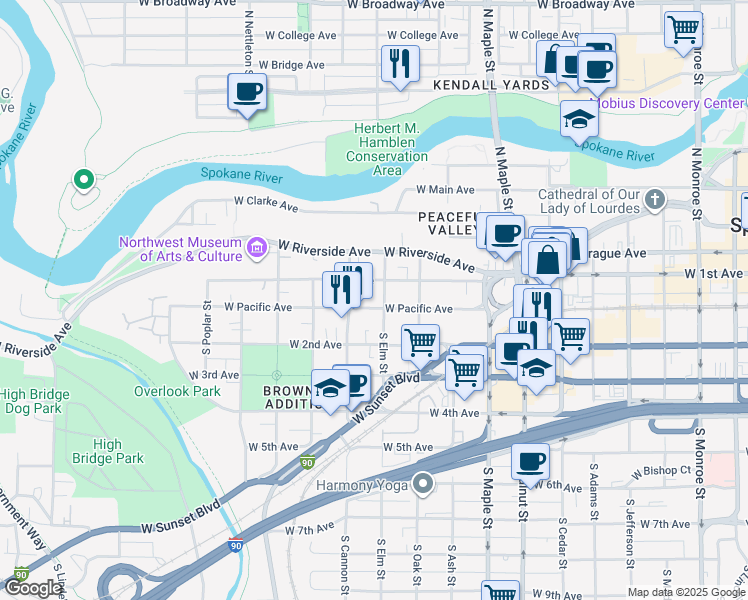 map of restaurants, bars, coffee shops, grocery stores, and more near 1920 West 1st Avenue in Spokane
