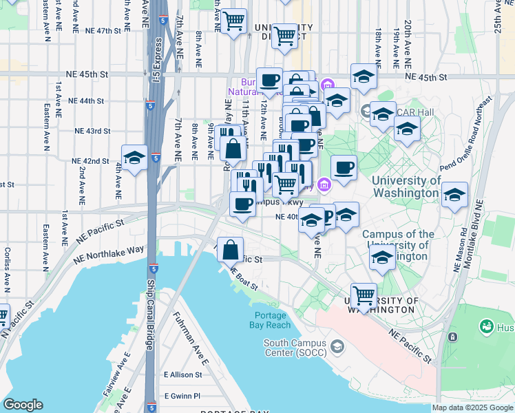 map of restaurants, bars, coffee shops, grocery stores, and more near 1100 Northeast Campus Parkway in Seattle