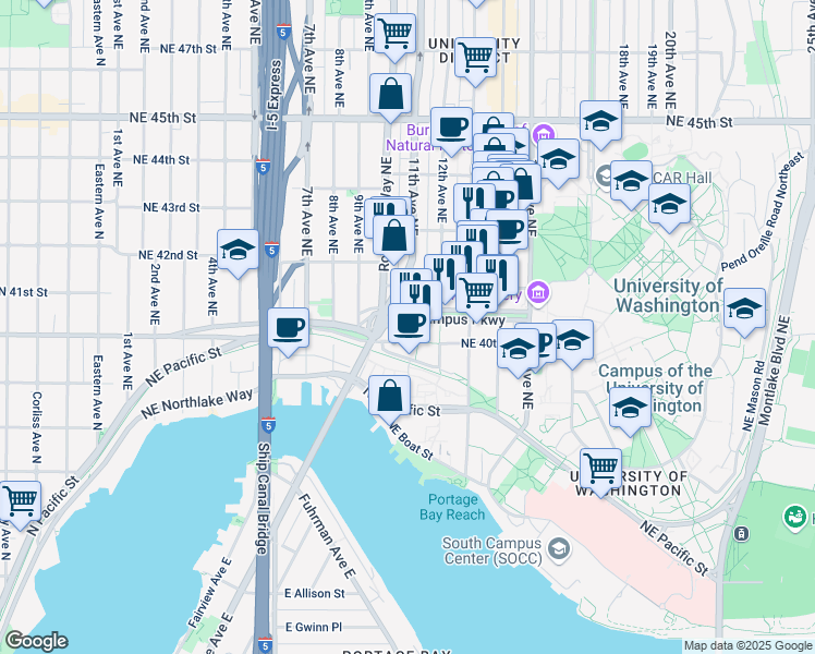 map of restaurants, bars, coffee shops, grocery stores, and more near in Seattle
