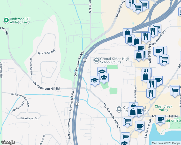 map of restaurants, bars, coffee shops, grocery stores, and more near 10229 Frontier Place Northwest in Silverdale