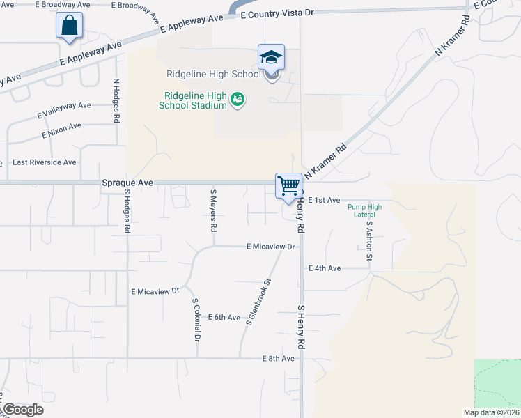 map of restaurants, bars, coffee shops, grocery stores, and more near 20020 East Sprague Avenue in Spokane County