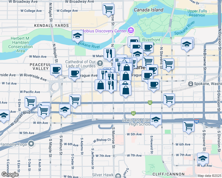 map of restaurants, bars, coffee shops, grocery stores, and more near 1033 West 1st Avenue in Spokane