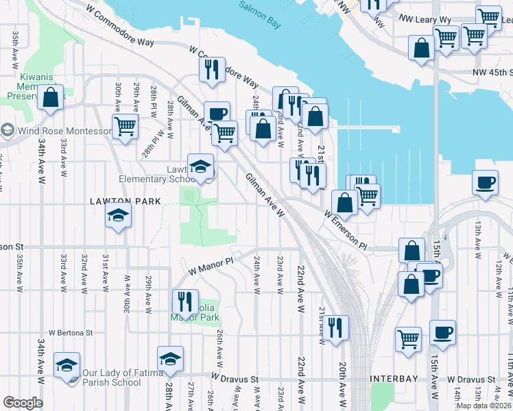 map of restaurants, bars, coffee shops, grocery stores, and more near 24th Ave W & W Thurman St in Seattle