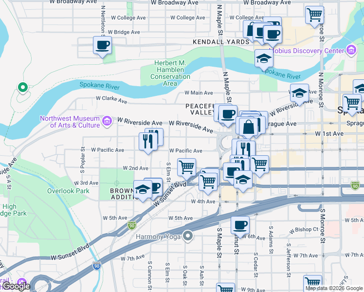 map of restaurants, bars, coffee shops, grocery stores, and more near 1818 West 1st Avenue in Spokane
