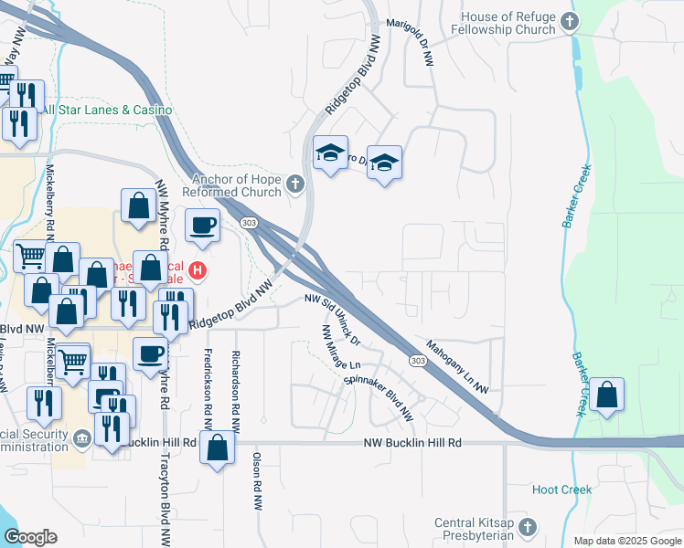 map of restaurants, bars, coffee shops, grocery stores, and more near 1421 Northwest Hogan Lane in Bremerton