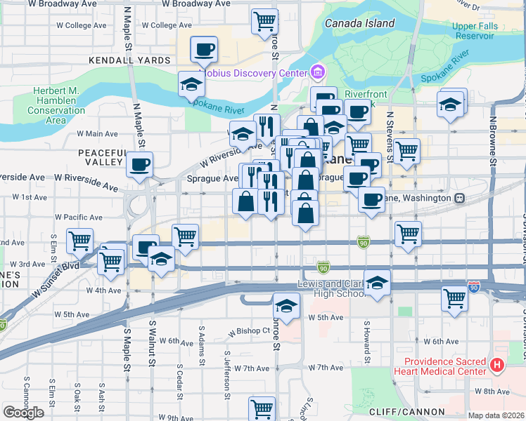 map of restaurants, bars, coffee shops, grocery stores, and more near 1016 West Railroad Alley in Spokane