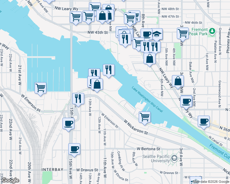 map of restaurants, bars, coffee shops, grocery stores, and more near 1080 West Ewing Street in Seattle