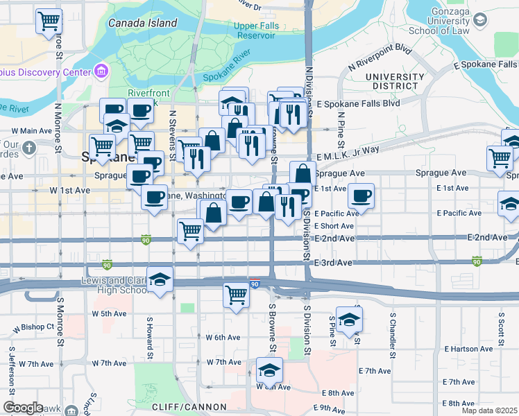 map of restaurants, bars, coffee shops, grocery stores, and more near in Spokane