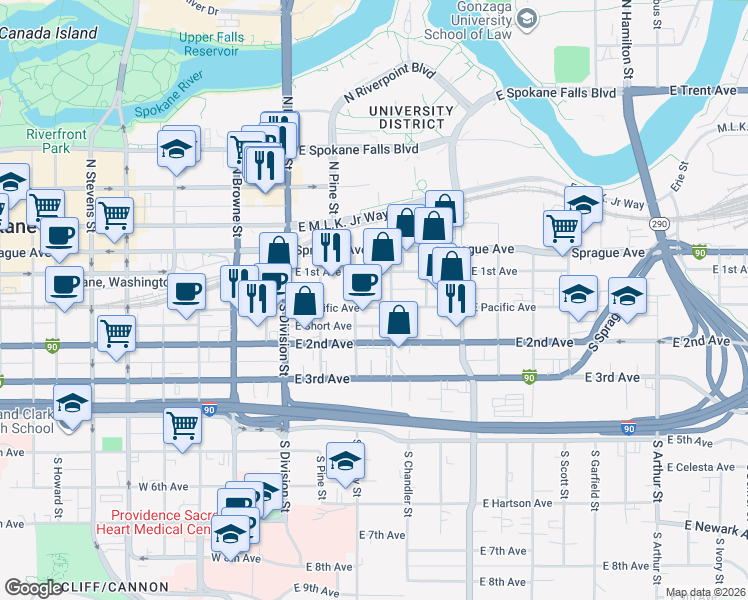 map of restaurants, bars, coffee shops, grocery stores, and more near in Spokane