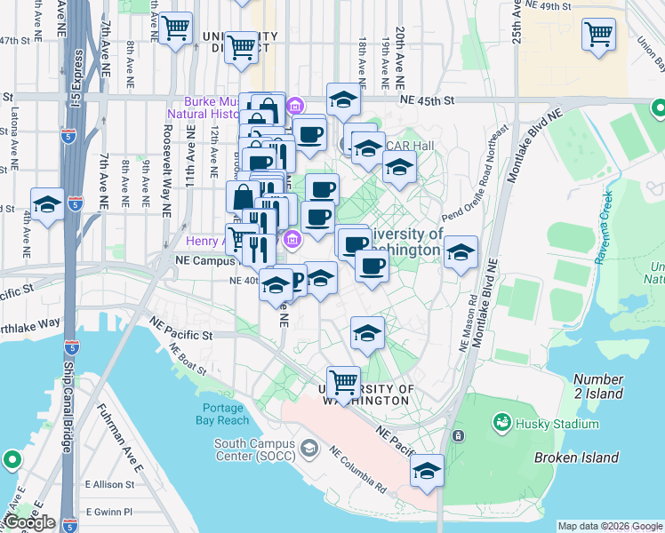 map of restaurants, bars, coffee shops, grocery stores, and more near 4060 George Washington Lane Northeast in Seattle