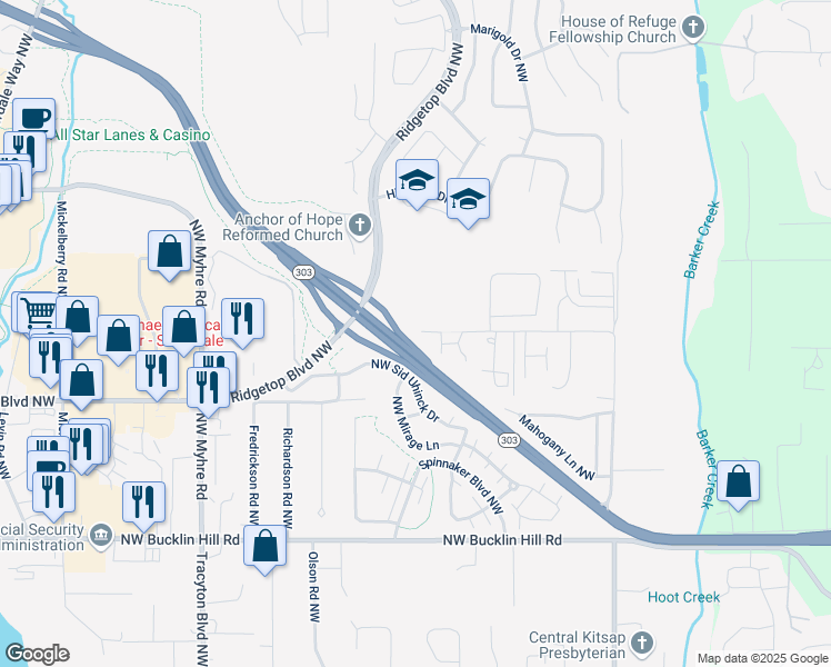 map of restaurants, bars, coffee shops, grocery stores, and more near 1421 Northwest Hogan Lane in Bremerton