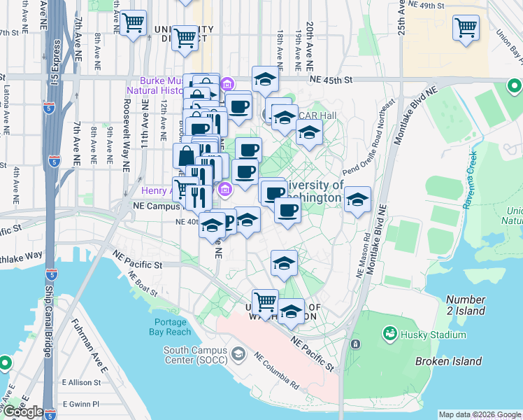 map of restaurants, bars, coffee shops, grocery stores, and more near 4063 Spokane Lane in Seattle