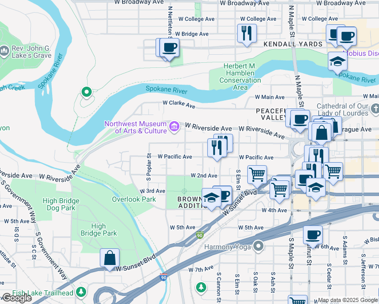 map of restaurants, bars, coffee shops, grocery stores, and more near 2124 West 1st Avenue in Spokane