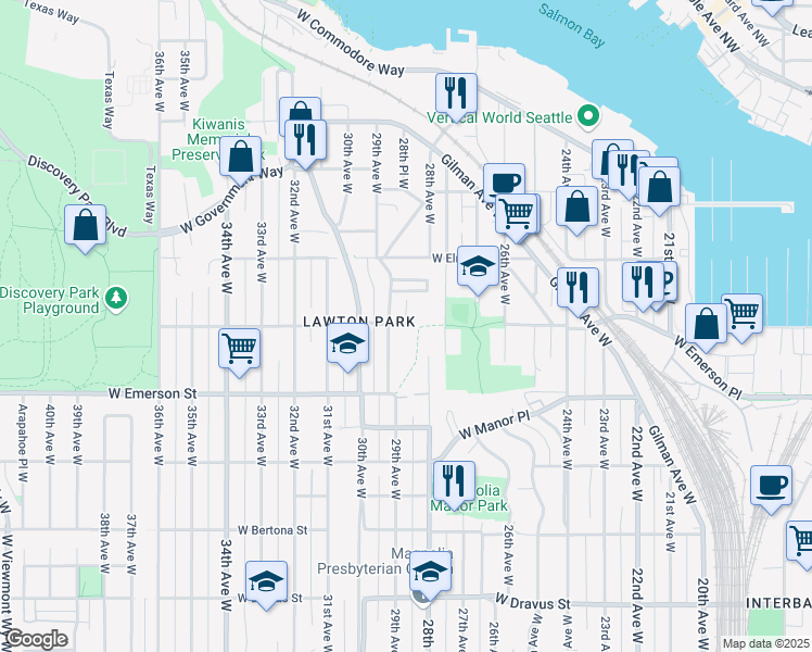 map of restaurants, bars, coffee shops, grocery stores, and more near West Thurman Street & 28th Place West in Seattle