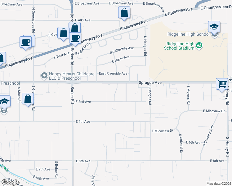 map of restaurants, bars, coffee shops, grocery stores, and more near 19102 East Sprague Avenue in Spokane Valley