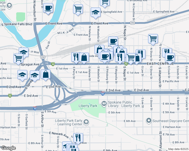 map of restaurants, bars, coffee shops, grocery stores, and more near 1603 East 1st Avenue in Spokane