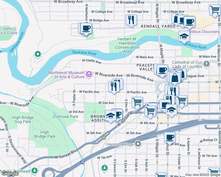map of restaurants, bars, coffee shops, grocery stores, and more near 2022 West 1st Avenue in Spokane