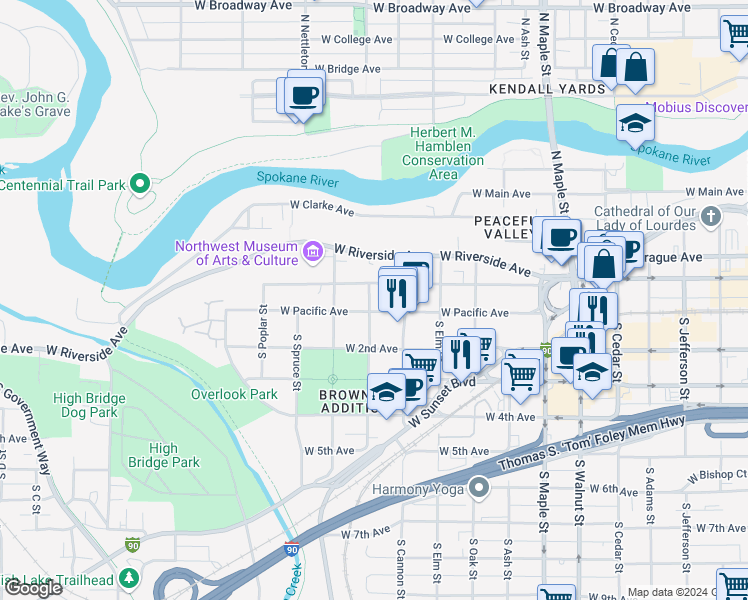 map of restaurants, bars, coffee shops, grocery stores, and more near 2022 West 1st Avenue in Spokane