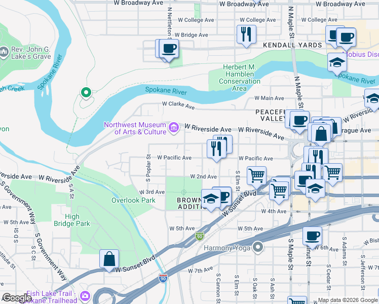 map of restaurants, bars, coffee shops, grocery stores, and more near 2124 West 1st Avenue in Spokane