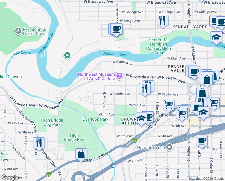 map of restaurants, bars, coffee shops, grocery stores, and more near 2315 West 1st Avenue in Spokane