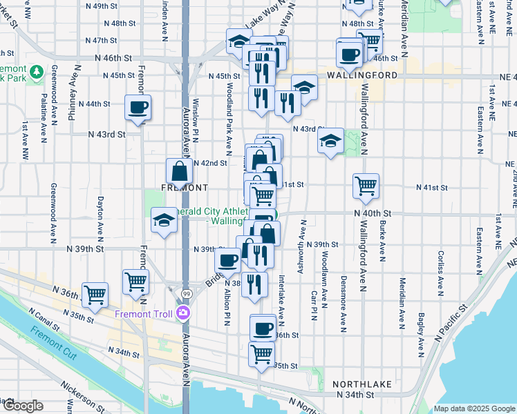 map of restaurants, bars, coffee shops, grocery stores, and more near 1211 North 41st Street in Seattle