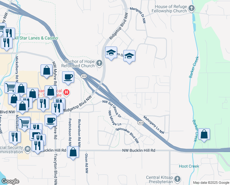 map of restaurants, bars, coffee shops, grocery stores, and more near 1421 Northwest Hogan Lane in Bremerton