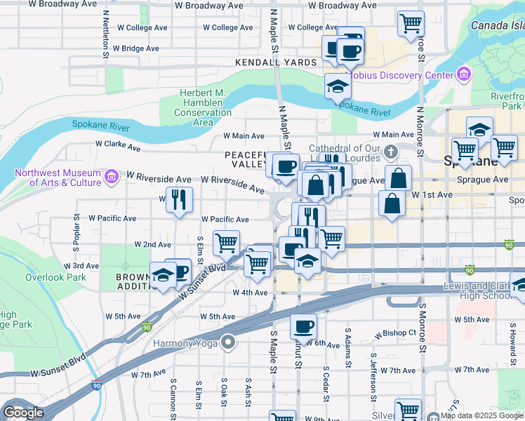map of restaurants, bars, coffee shops, grocery stores, and more near 1600 West Pacific Avenue in Spokane