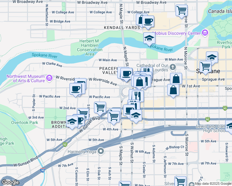map of restaurants, bars, coffee shops, grocery stores, and more near 1600 West Pacific Avenue in Spokane