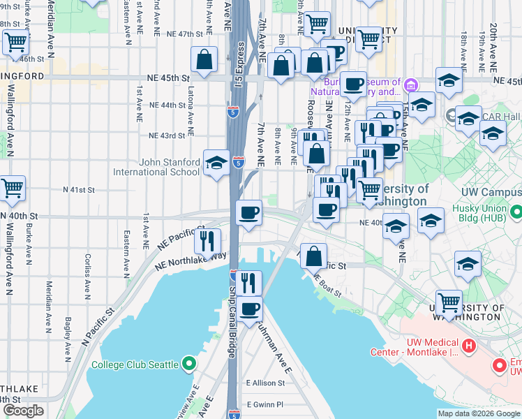 map of restaurants, bars, coffee shops, grocery stores, and more near NE 40th St & 7th Ave NE in Seattle