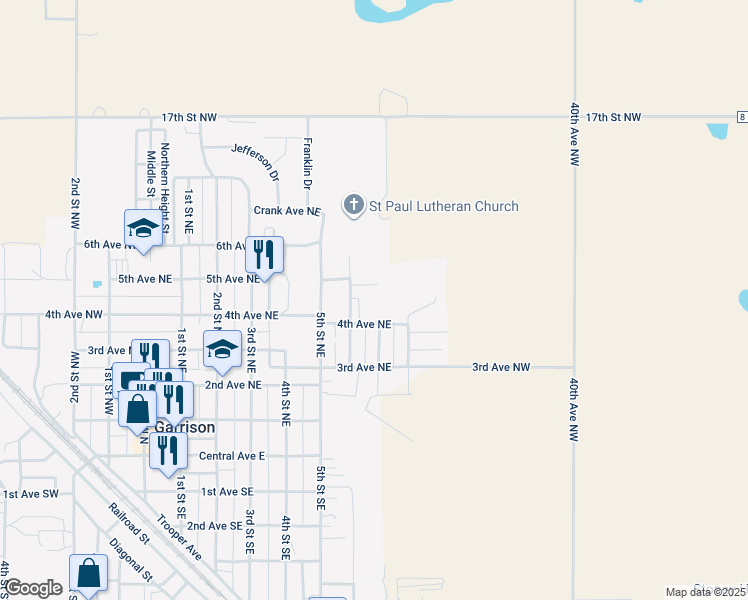 map of restaurants, bars, coffee shops, grocery stores, and more near 609 4th Avenue Northeast in Garrison