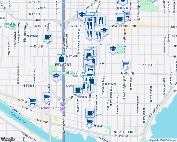 map of restaurants, bars, coffee shops, grocery stores, and more near 1211 North 41st Street in Seattle