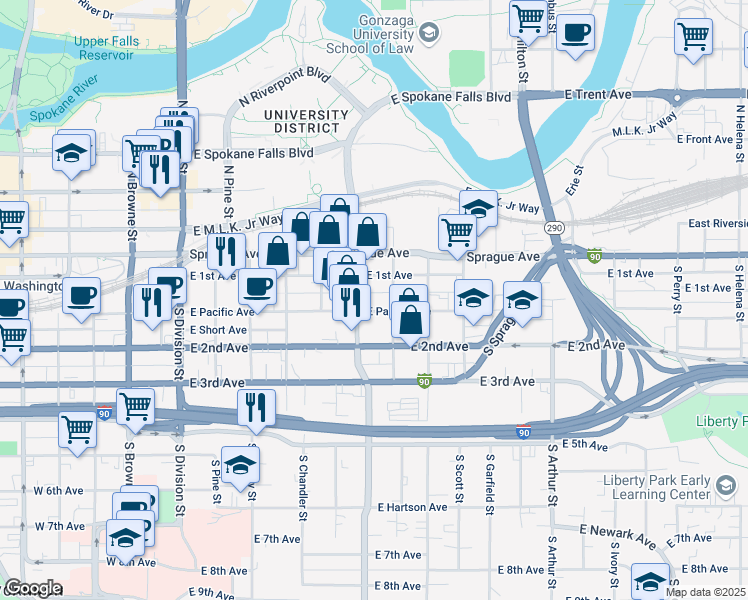map of restaurants, bars, coffee shops, grocery stores, and more near 20 South Sherman Street in Spokane