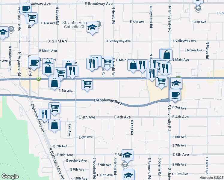 map of restaurants, bars, coffee shops, grocery stores, and more near 10006-10020 East Sprague Avenue in Spokane Valley