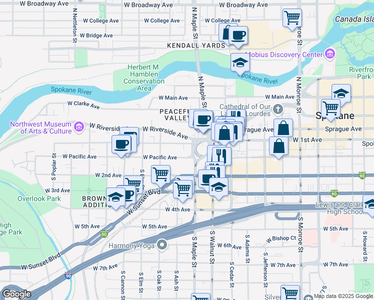 map of restaurants, bars, coffee shops, grocery stores, and more near 1600 West Pacific Avenue in Spokane