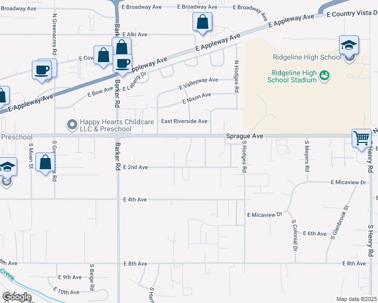 map of restaurants, bars, coffee shops, grocery stores, and more near 19102 East Sprague Avenue in Spokane Valley