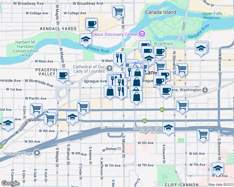 map of restaurants, bars, coffee shops, grocery stores, and more near 1033 West 1st Avenue in Spokane