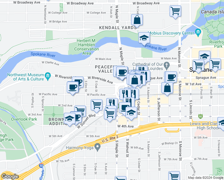 map of restaurants, bars, coffee shops, grocery stores, and more near 1623 West 1st Avenue in Spokane