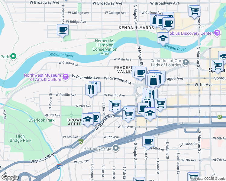 map of restaurants, bars, coffee shops, grocery stores, and more near 1818 West 1st Avenue in Spokane